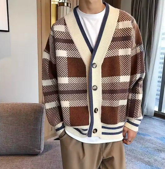 Oversized Plaid V-Neck Cardigan