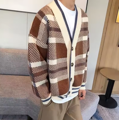 Oversized Plaid V-Neck Cardigan